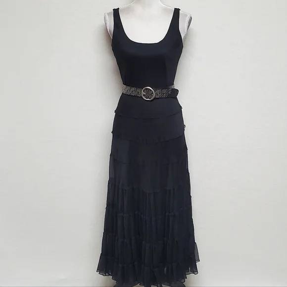 𝅺VINTAGE Jones Wear Black Chiffon Sleeveless Tiered Ruffle Full Skirt Midi Dres - Picture 4 of 15